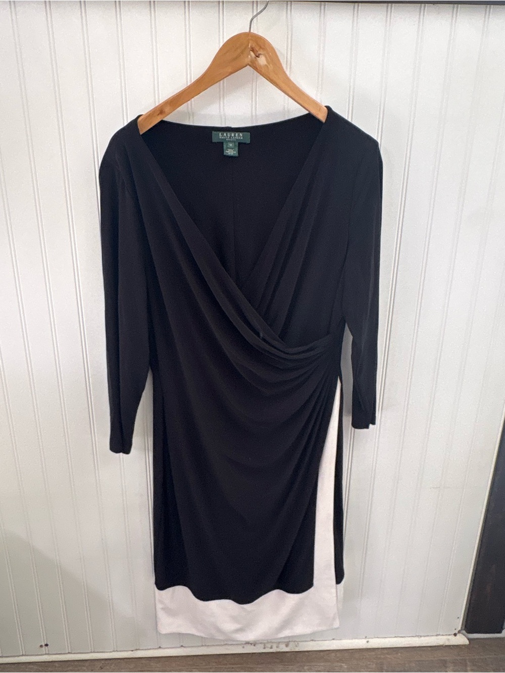 Ralph Lauren Black Dress with White Hem and Draped Wrap Front